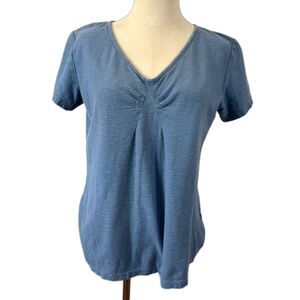 Cut Loose Tuck Front Top Blue V-Neck T-Shirt Cotton Linen Short Sleeves Medium